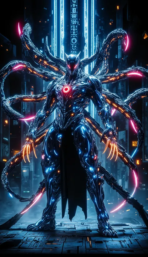 "A futuristic, biomechanical humanoid figure with an imposing presence, standing in a dark, high-tech environment illuminated by beams of cold blue light. The figure's body is sleek and metallic, resembling a fusion of advanced technology and organic life,...
