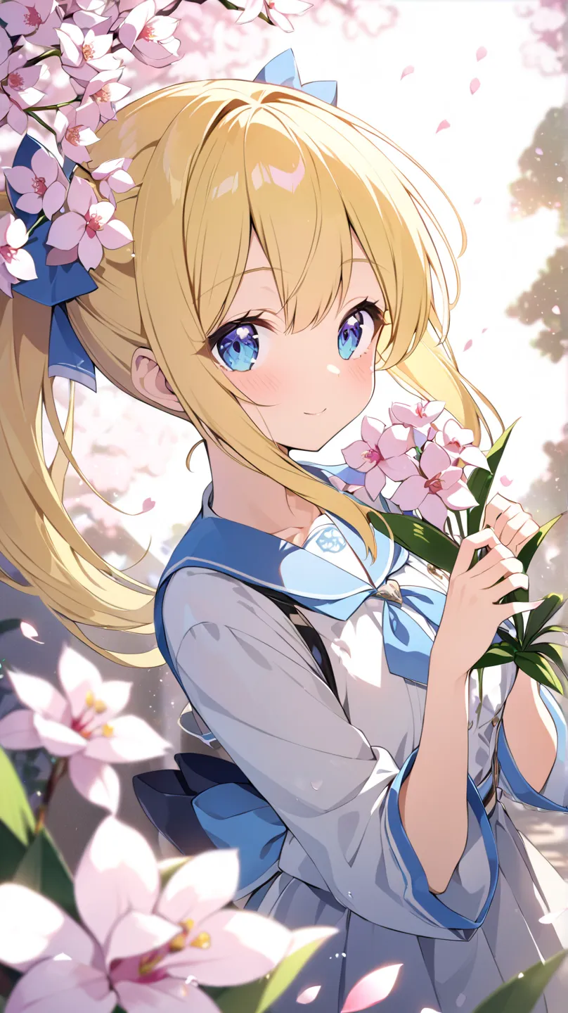 cherry blossoms、Orchid plant、1 girl, solo, blue eyes, yellow hair、Twin Ponytail、dutch angle, Sparkling Effect, background blur, Lens Flare, Ultra Wide Angle、low angle、