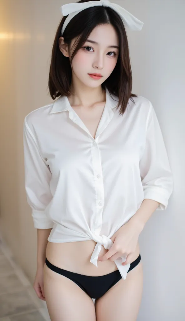  Japanese woman、cute、white thick hair band、Thick white hair band to hide your forehead、straight black hair short bob、white satin shirt、Tie the hem of the shirt、 in underwear、black panties、I see sexy panties、Smaller Panties、standing with one hand on your lo...