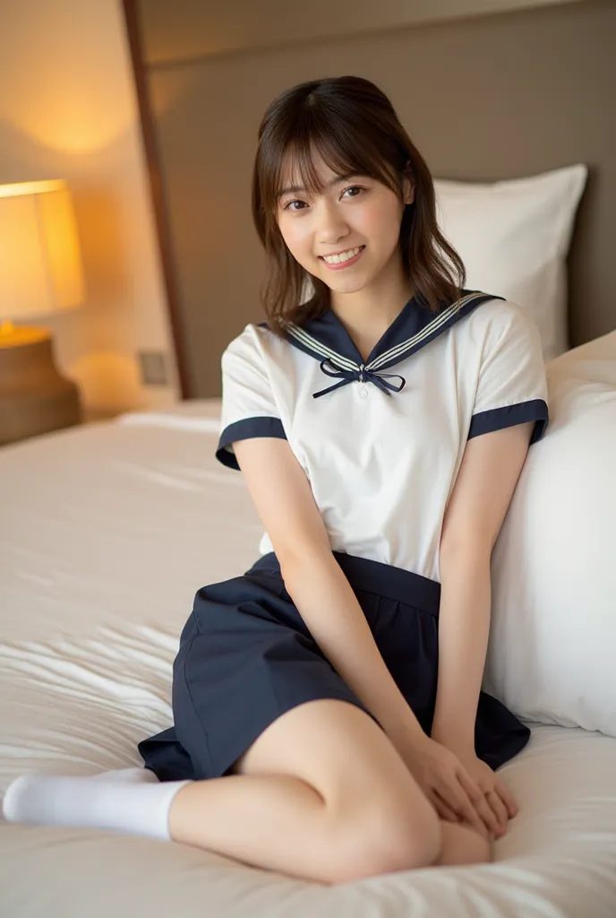 (Masterpiece, Best quality:1.4), (Ultra realistic, Photo-realistic:1.3), nsfw, (Wearing Sailor suit, White short sleeve:1.2), (Dark navy skirt:1.2), (Wearing white sock), (medium breasts), Natural light, 20 years old actor, Japanese woman, Neat and clean, ...