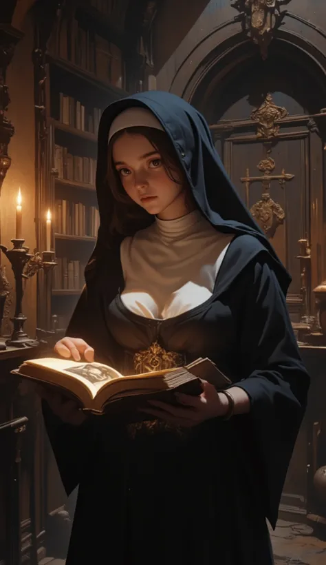 The movie "The Name of the Rose", Sydney Sweeney, a medieval monastery, a sexy busty young nun picking up a large, ornately bound forbidden her own erotic photo book in the forbidden library, trembling, a terrified expression, a dimly lit room with candlel...