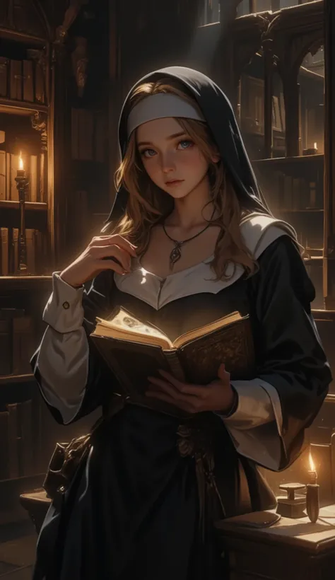 The movie "The Name of the Rose", Sydney Sweeney, a medieval monastery, a sexy busty young nun picking up a large, ornately bound forbidden her own erotic photo book in the forbidden library, trembling, a terrified expression, a dimly lit room with candlel...