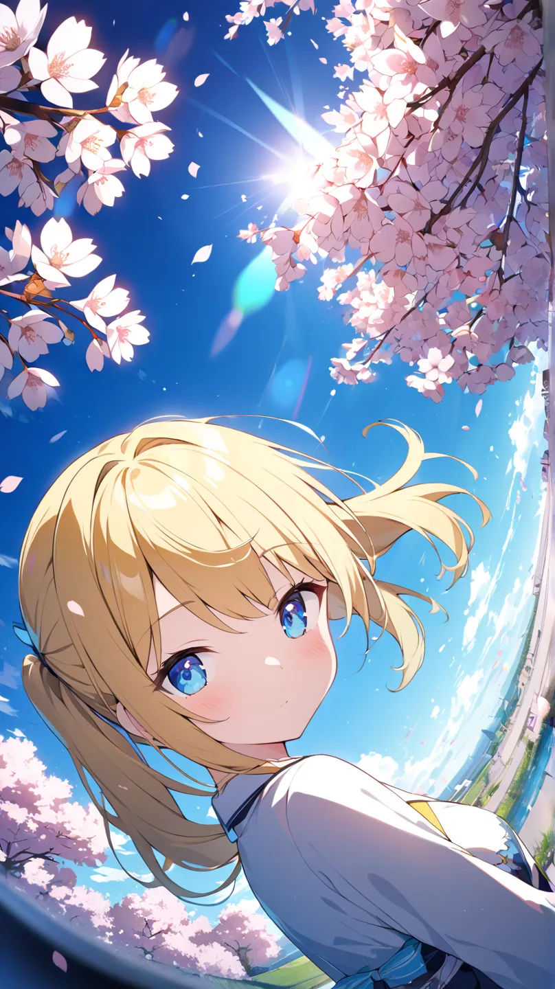 cherry blossoms、blue sky、 White Clouds 、Transparency、mysterious、is refreshing、1 girl, solo, blue eyes, yellow hair、Twin Ponytail、dutch angle, Sparkling Effect, background blur, Lens Flare, Ultra Wide Angle、low angle、 overexposure, fluorescence, 