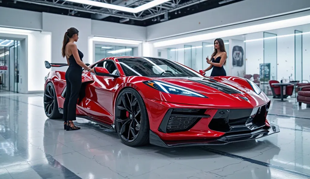 


"A futuristic 2026 Chevrolet Corvette SUV in an ultra-modern showroom with bright LED lighting. The SUV has an aggressive front fascia with sharp LED headlights, a black back  and a bold Corvette emblem. It is painted in glossy red with black racing str...