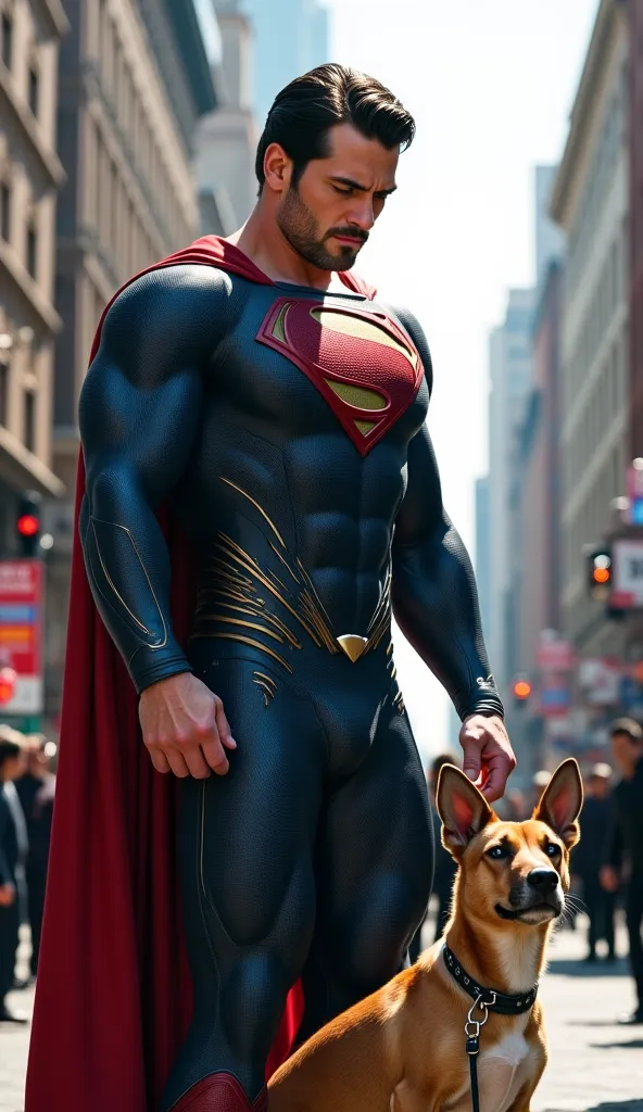 Superman holds his nose, trying to contain a strong sneeze. The wind begins to swirl around him, and a nearby dog ​​looks frightened. The scene continues to be the busy street.