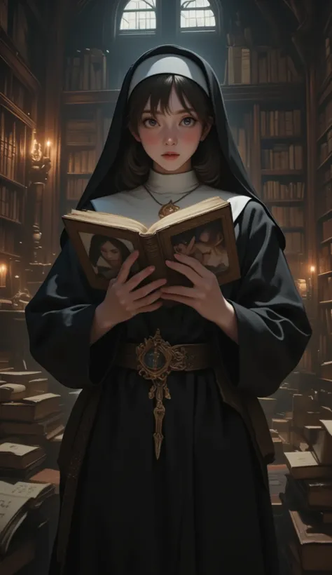 The movie "The Name of the Rose", Sydney Sweeney, a medieval monastery, a sexy busty young nun picking up a large, With a flashy cover forbidden her own erotic photo book in the forbidden library, trembling, a terrified expression, a dimly lit room with ca...