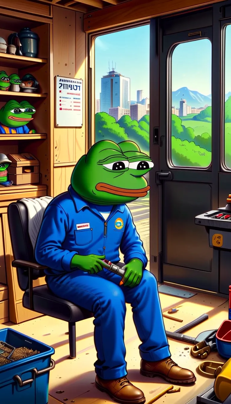 Pepe the Frog in a blue-collar work uniform (e.g., construction worker, janitor, truck driver, welder, electrician, etc.) with friendly expression,pepe frog character,cute frog mascot,cartoon style,vibrant colors,detailed intricate design,digital illustrat...