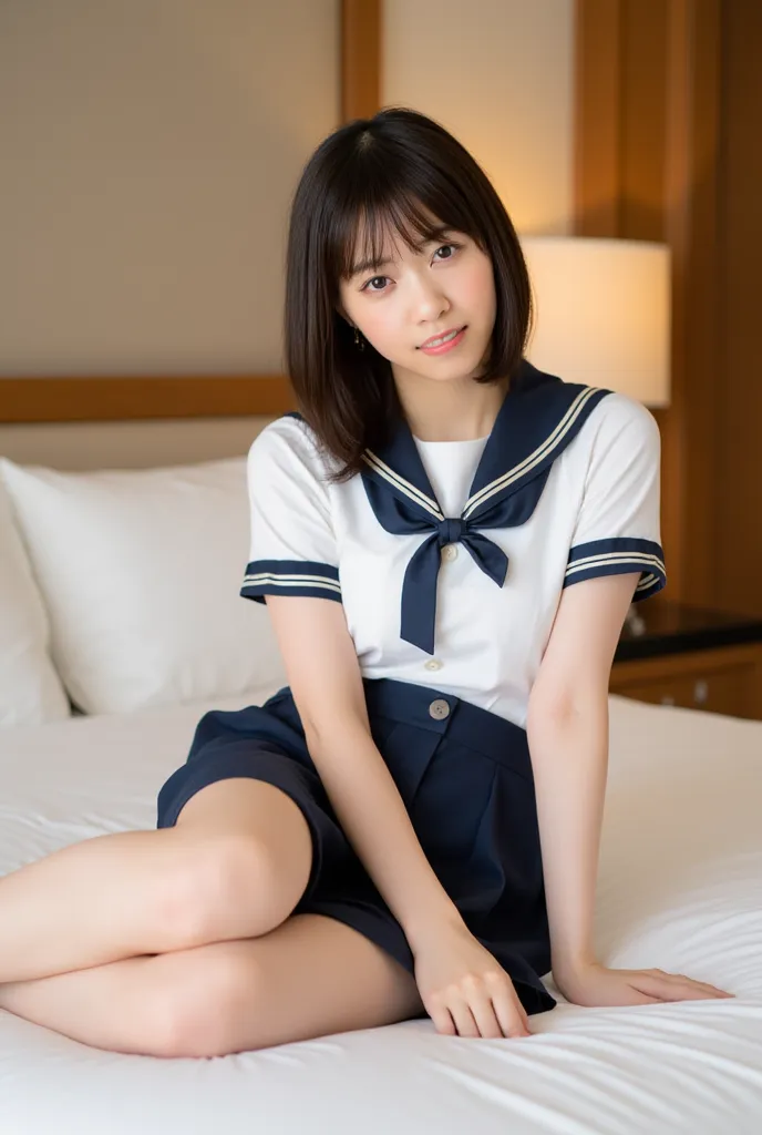 (Masterpiece, Best quality:1.4), (Ultra realistic, Photo-realistic:1.3), nsfw, (Wearing Sailor suit, White short sleeve:1.2), (Dark navy skirt:1.2), (Wearing white sock), (medium breasts), Natural light, 20 years old actor, Japanese woman, Neat and clean, ...