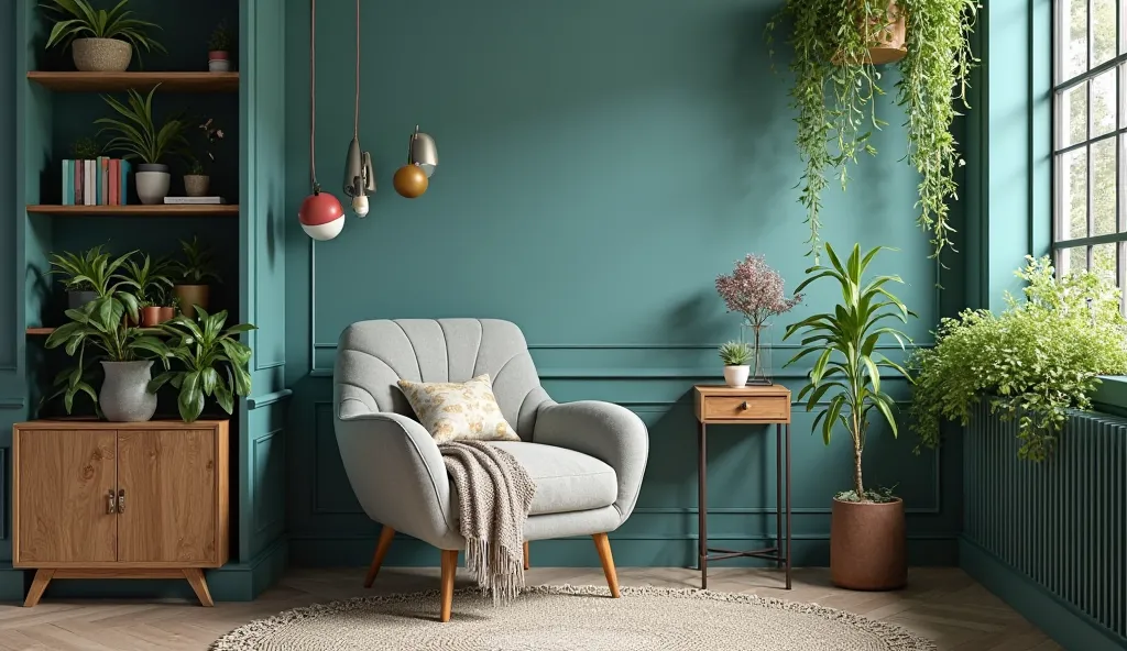 A cozy corner featuring a stylish chair and a side table in a teal colored room with greenery