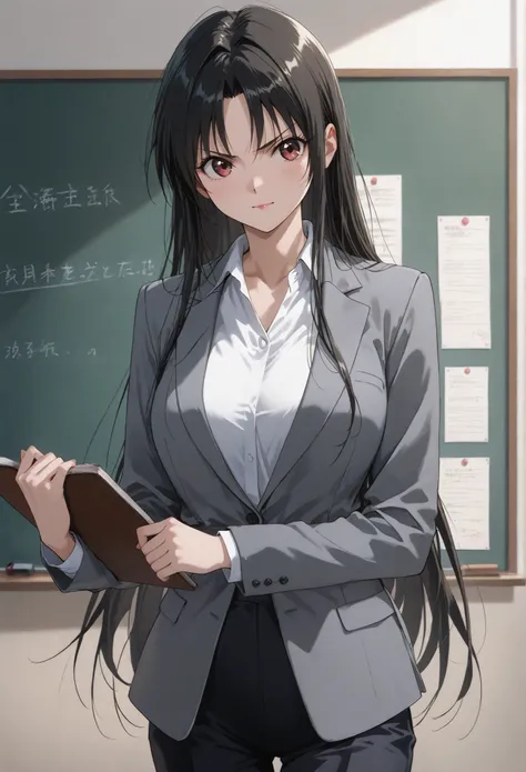  business suit、Licensed、teacher、classroom、Grey Jacket、blouse、Age 31、black business pants、Long Straight Hair、Standing at the podium、学校のclassroom 、  (long black hair)、lipstick、  standing、holding a textbook with one hand in the missionary position、Write on a ...