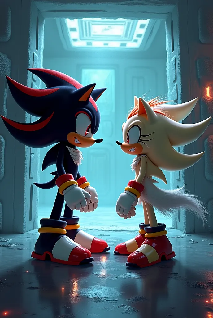 Shadow hedgehog sees a female hedgehog in a cube, who is also a hedgehog, and is surprised