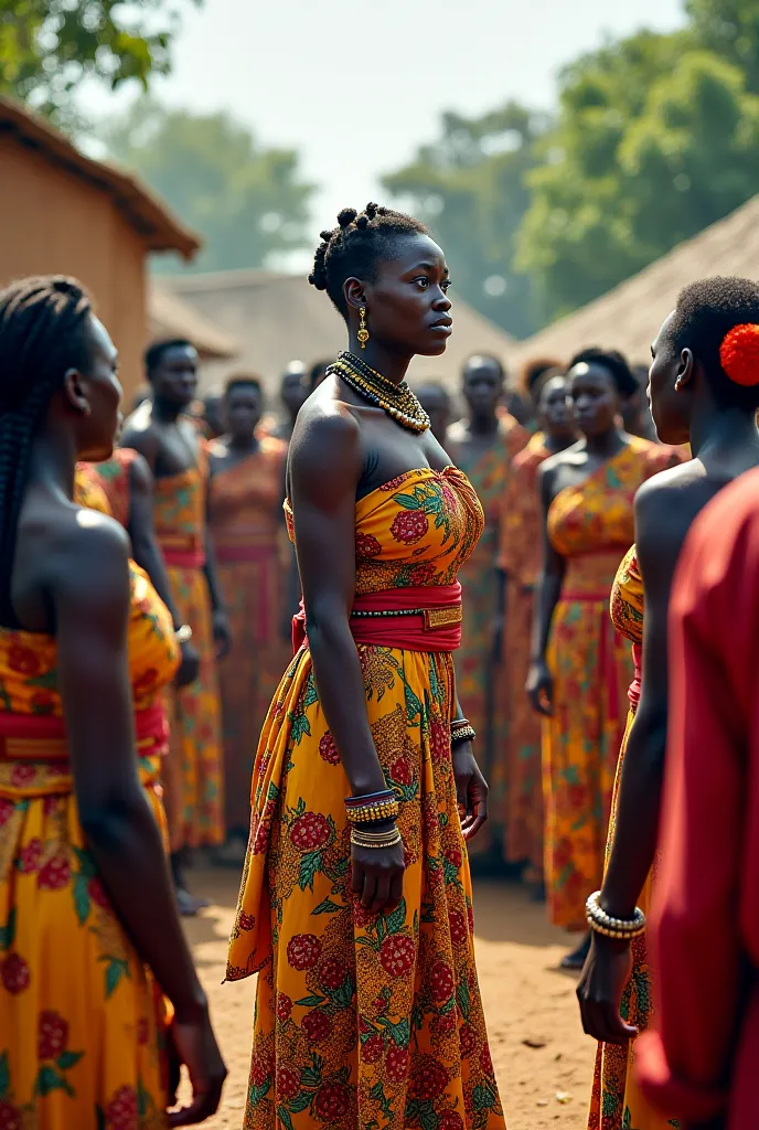 
4. A scene of the villagers confronting the wicked woman, showing their courage and determination make them all the villagers confronting her Yoruba Nigeria attire 