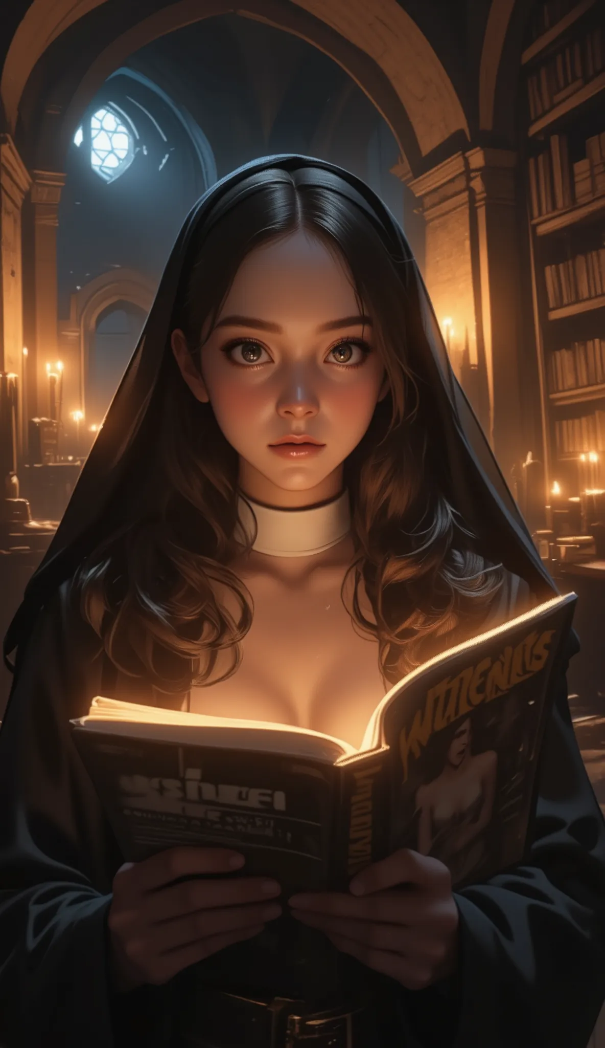 The movie "The Name of the Rose", Sydney Sweeney, a medieval monastery, a sexy busty young nun picking up a large forbidden her own erotic photo magazine  With a flashy cover in the forbidden library, trembling, a terrified expression, a dimly lit room wit...