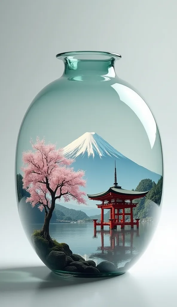 High Precision、High Details、beautiful large jar without lid、Beautiful Japanese cherry blossoms, Mt. Fuji, and the shrine are reflected in the bottle、realistic photo