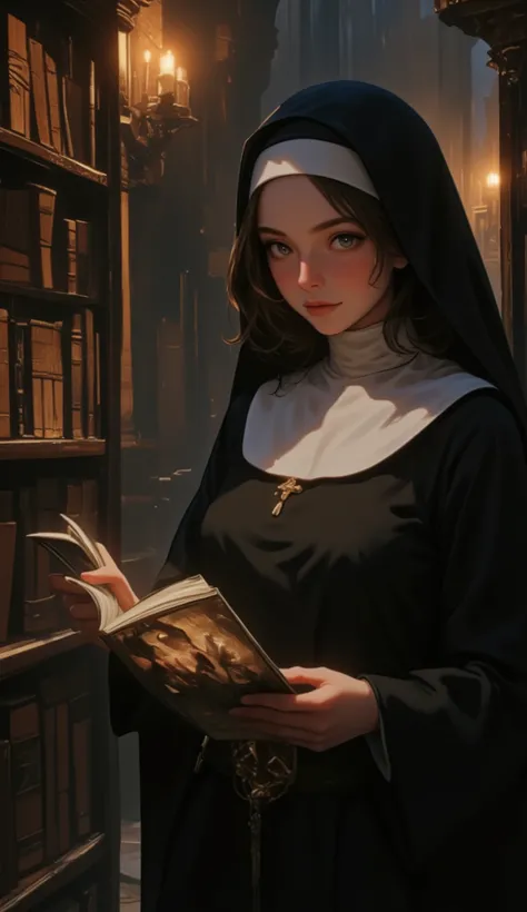 The movie "The Name of the Rose", Sydney Sweeney, a medieval monastery, a sexy busty young nun picking up a large forbidden her own erotic photo magazine With a flashy cover in the forbidden library, trembling, a bitter smile, a dimly lit room with candle...