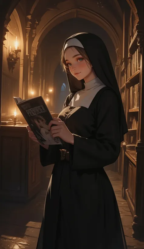 The movie "The Name of the Rose", Sydney Sweeney, a medieval monastery, a sexy busty young nun picking up a large forbidden her own erotic photo magazine With a flashy cover in the forbidden library, trembling, a bitter smile, a dimly lit room with candle...