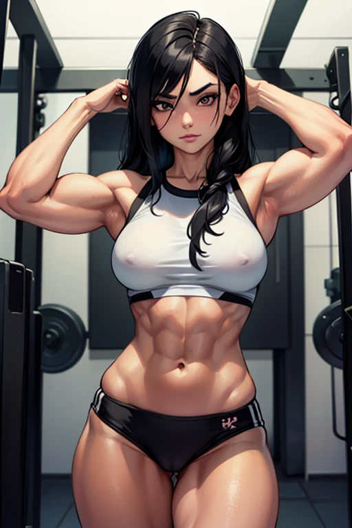                A beautiful woman  , Madura,  bodybuilder,      with long,  loose black hair, black eyes , normal size breasts,   with gym clothes  , top and short, looking at the viewer   ((   front view)) ((1.2))((            masterpiece)) ((          ext...