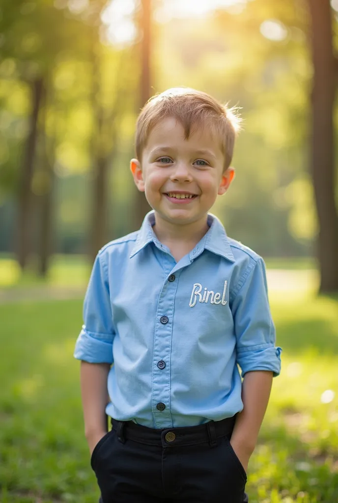 Dans un parc verdoyant baigné de soleil, un jeune garçon souriant attire les regards. Sa chemise bleu clair, ornée de boutons et d'un col soigné, est rehaussée par le mot "Brinel" inscrit en lettres stylisées blanches. Il porte un pantalon noir élégant qui...