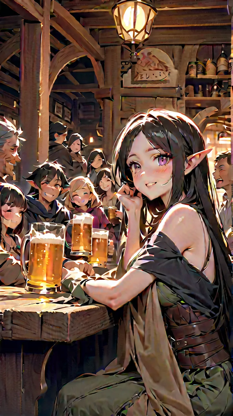 In the style of "Is It Wrong to Try to Pick Up Girls in a Dungeon?", a young-looking elf woman in her 40s is peacefully napping in a tavern. There are a few people around, and they are toasting with beer mugs.  She is holding a beer mug while talking to a ...