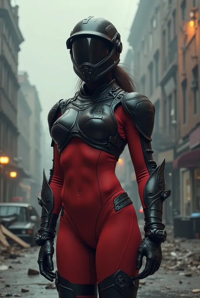 Sexy female police officer in riot gear, wearing a leotard and helmet with mask, all black armor and red uniform