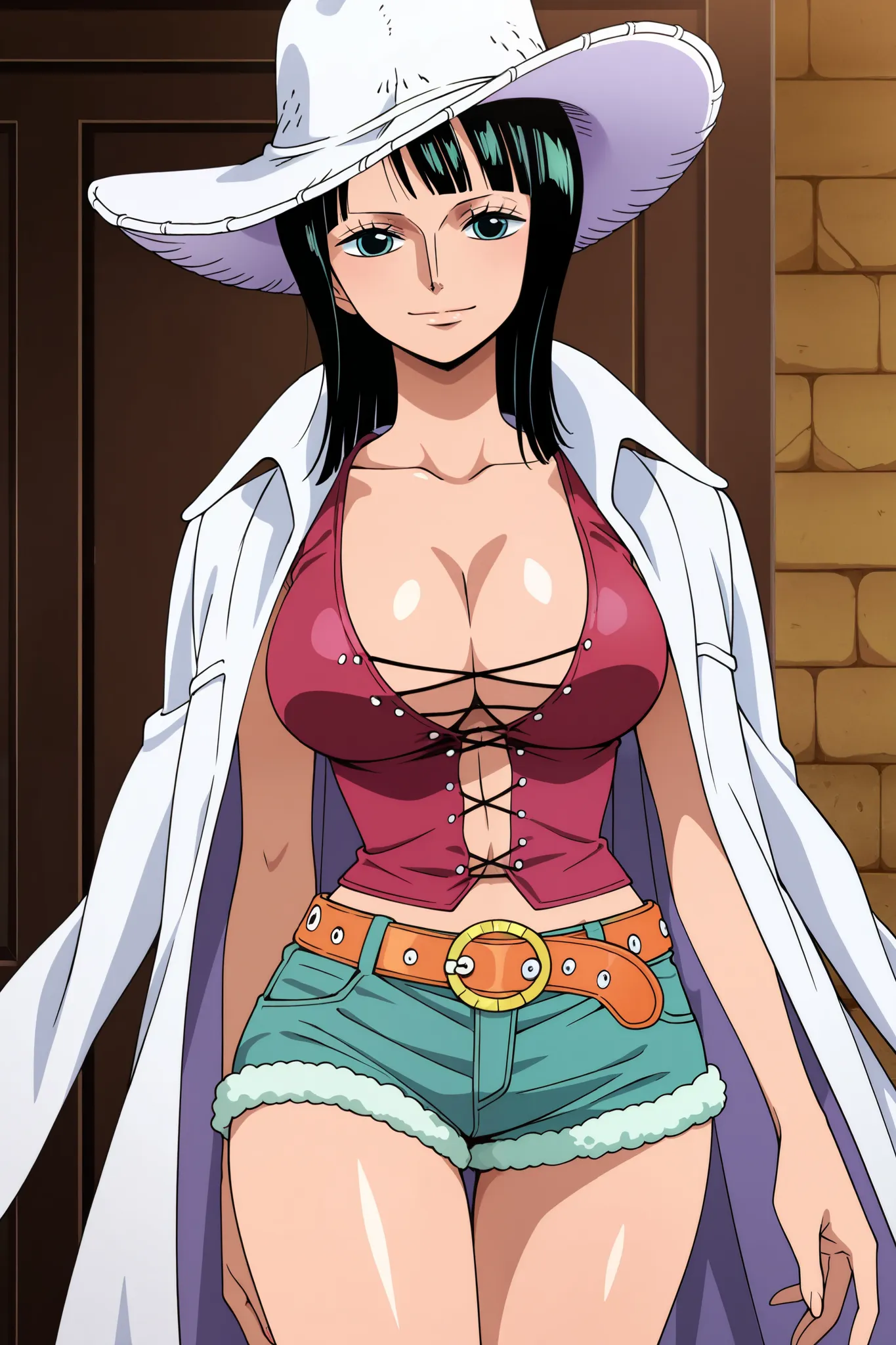 masterpiece,best quality, amazing quality, very aesthetic,anime screencap,1girl,nico robin,cowboy shot,mature female,happy,light smile,medium hair,large breasts,hat,white coat,coat on shoulders ,denim shorts ,belt