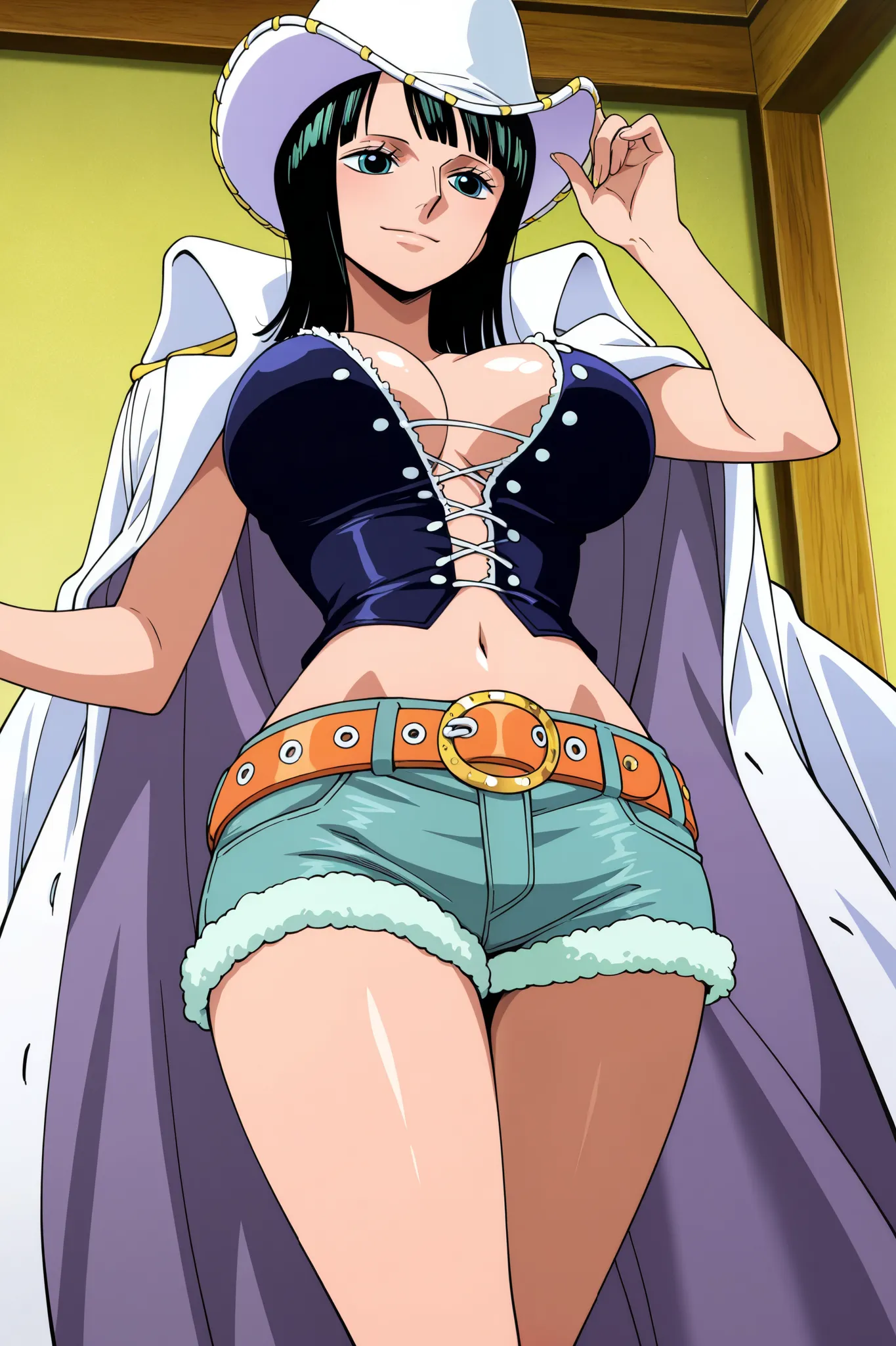 masterpiece,best quality, amazing quality, very aesthetic,anime screencap,1girl,nico robin,cowboy shot,mature female,happy,light smile,medium hair,large breasts,hat,white coat,coat on shoulders ,denim shorts ,belt