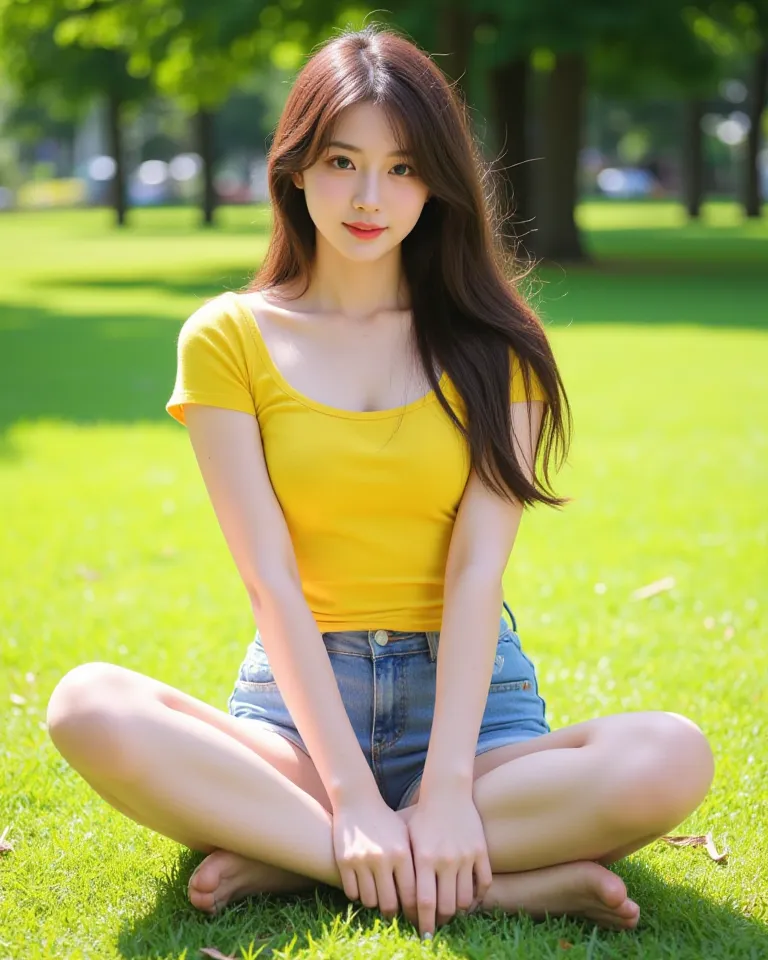 A beautiful young lady in a sunny park, She's sitting on a grass field, Your clothes are a short yellow top and a short denim short to cool off from the sun, her brown hair cascades down her shoulders 