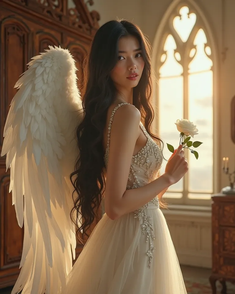 Hyper-realistic masterpiece, ultra-detailed 8K artwork. A stunning female angel with long black hair, radiant white wings, wearing an elegant light pearl-embellished dress. She holds a white rose in her hand, standing in a vintage room, looking softly into...