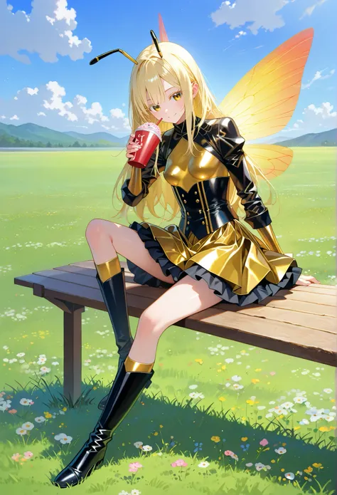 ■構図■She is positioned in the center of the image,
■背景■The background features a light-blue sky dotted with fluffy white clouds,grasslands and many flowers,
■People■(Beautiful Girl Who Cosplay as a Bee:1.2),(loli:0.7),sitting,drinking drink,sitting on Woo...