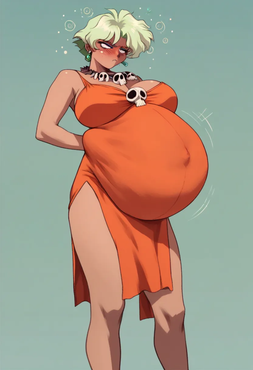 retro artstyle, 1990s \(style\), dark skin, short hair, green hair, blue eyes, ((Belly Stuffed)), ((Huge Belly)), ((Very drunk)), ((Staggers)), (Tight clothes), necklace, orange swimsuit, pelvic curtain, skull, big breasts, earrings,