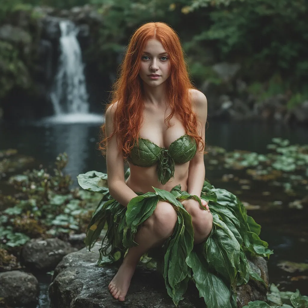 Sehr hübsche europäische frau anfang 20 mit beautifulem weiblichen körper mit wirklich richtig 
Extrem grosser  brüste.. With natural long very bright red hair.. great appearance. smiles .  elegant hands .huge.squats on a stone at the edge of a small pond ...