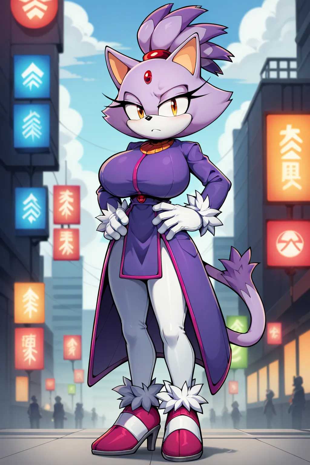 Score_9, Score_8, Score_7, Blaze the Cat from Sonic, Female, Furry, Anthropomorphic, Petite, Cat, Pink Body, Pink Hair, Purple Hair Highlights, Ponytail, Orange Eyes, Red Gemstone in Forehead, Small Black Nose, Ankle High Heels, Purple Tailcoat, Long Sleev...