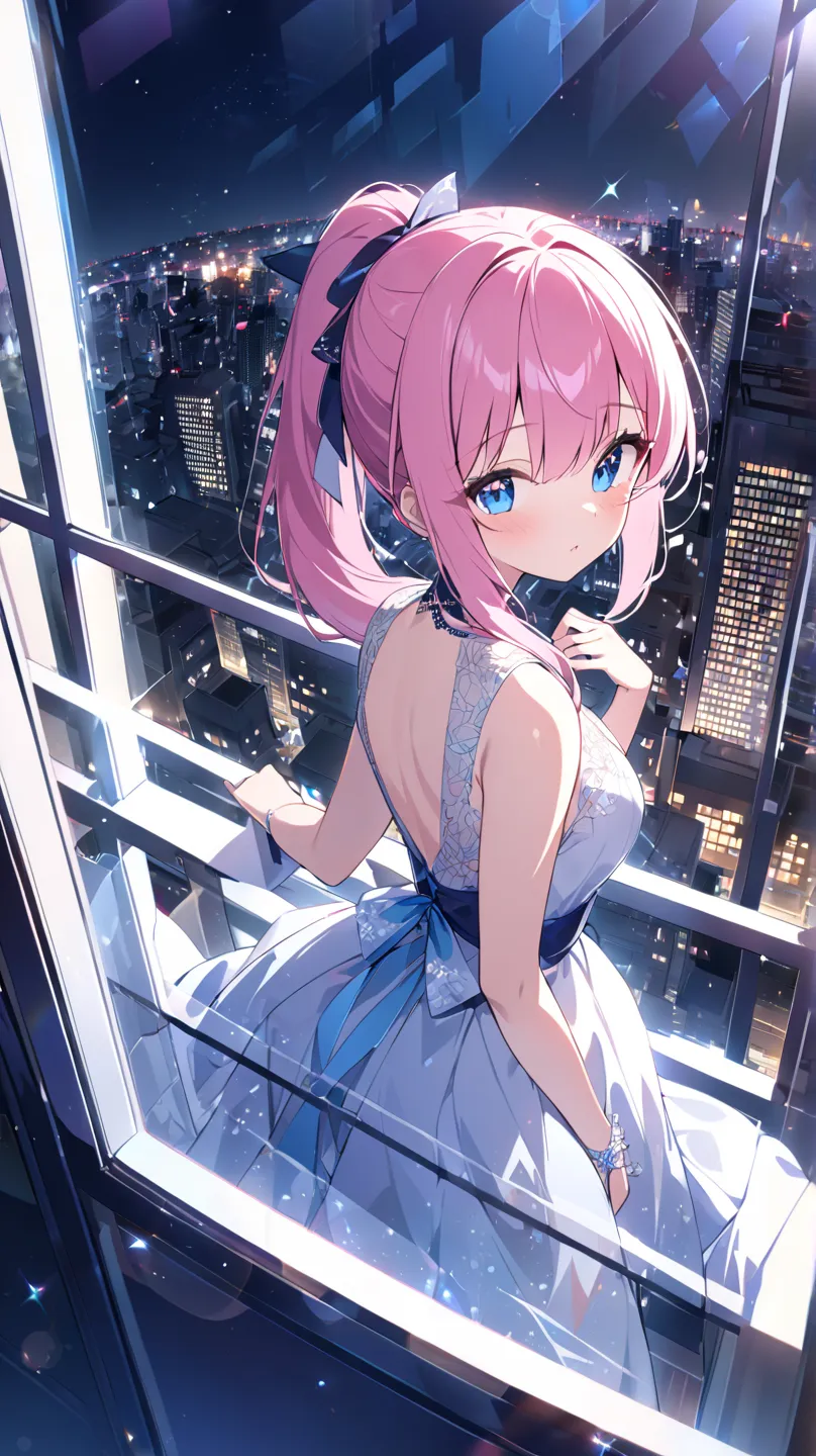 night、View from the window、night景、Skyscraper、Transparency、mysterious、is refreshing、1 girl, solo, blue eyes, pink hair、ponytail、looks back、dutch angle, from above、Beautiful dress、Sparkling Effect, background blur, Lens Flare, Ultra Wide Angle、low angle、 ove...