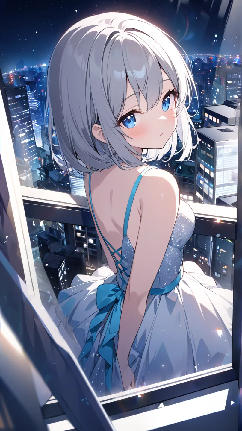 night、View from the window、night景、Skyscraper、Transparency、mysterious、is refreshing、1 girl, solo, blue eyes, Grey Hair、looks back、dutch angle, from above、Beautiful dress、Sparkling Effect, background blur, Lens Flare, Ultra Wide Angle、low angle、 overexposure...