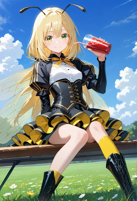 ■構図■She is positioned in the center of the image,
■背景■The background features a light-blue sky dotted with fluffy white clouds,grasslands and many flowers,
■People■(Beautiful Girl Who Cosplay as a Bee:1.2),(loli:0.7),sitting,drinking drink,sitting on Woo...