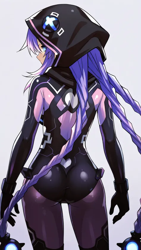 purple heart (Hyperdimension Neptunia), long purple hair. Dressed as a ninja with a hood, from behind, sideways