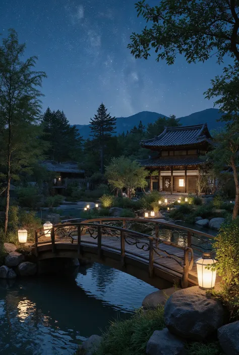 Nightscape inspired by Japanese art, 提灯で照らされた庭園と静かな湖にかかるtree製の橋がある. The starry sky is reflected on the water, Create a magical environment. , A small Zen temple is illuminated by candlelight , people々A place where people come to meditate. tree々The leaves...
