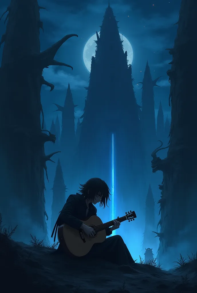 16:9 chilling night with a guitar anime world add some light