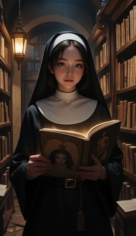 The movie "The Name of the Rose", Sydney Sweeney, a medieval monastery, a sexy busty young nun picking up a large forbidden erotic photo magazine With a flashy cover in the forbidden library, trembling, a bitter smile, a dimly lit room with candlelight, a ...