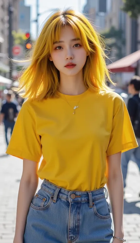 jisoo, yellow random hairstyle, wears a classic yellow t-shirt bigsized, paired with comfortable jeans or a skirt, mid-ranged, on street, detailed portrait, photorealistic, professional photography, studio lighting, sharp focus, physically-based rendering,...