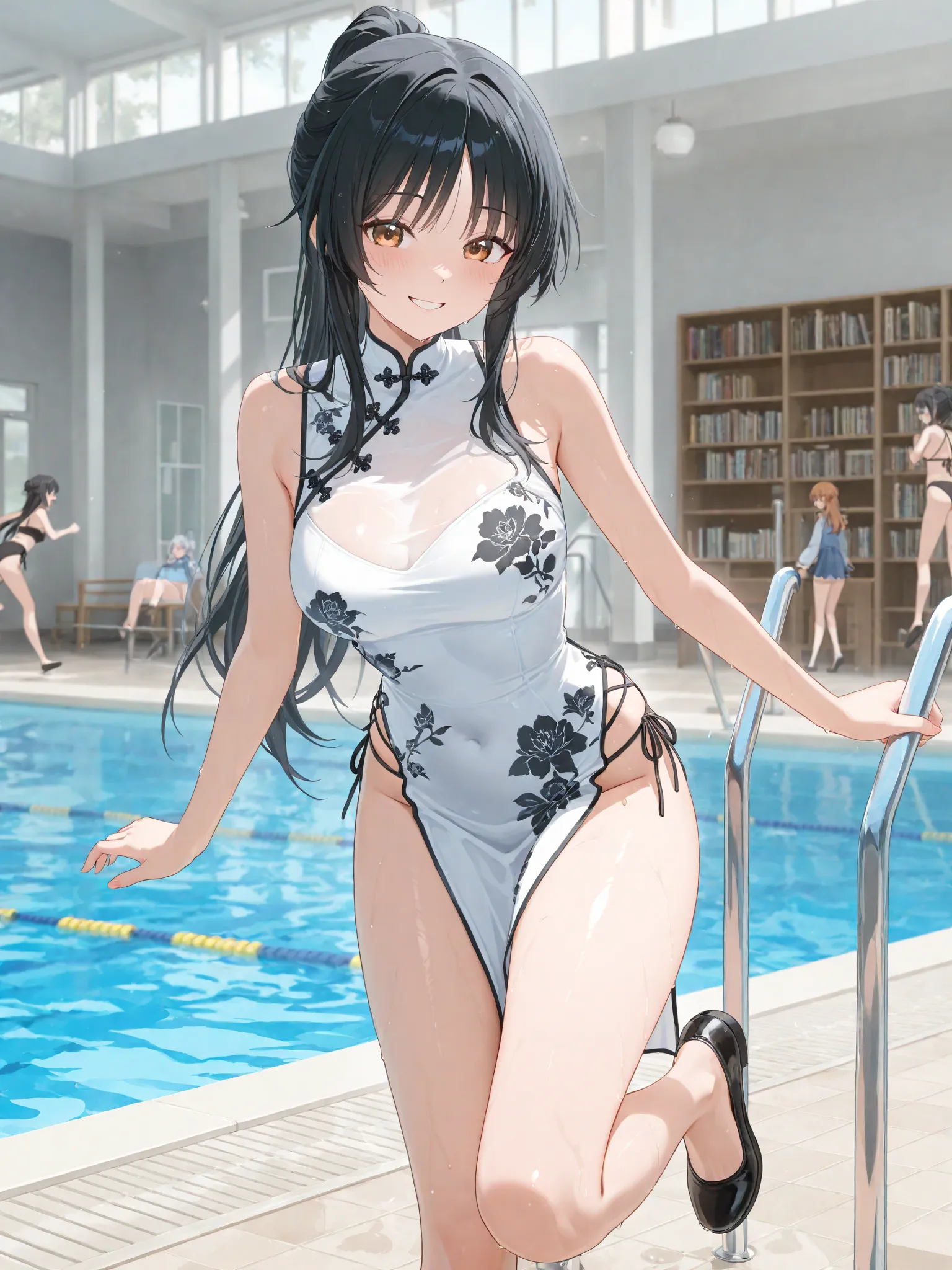 Wanren with long black hair,smooth hair,white china dress,black bikinis at the pool,nostalgic smile,Japanese school library, is running on the right hand