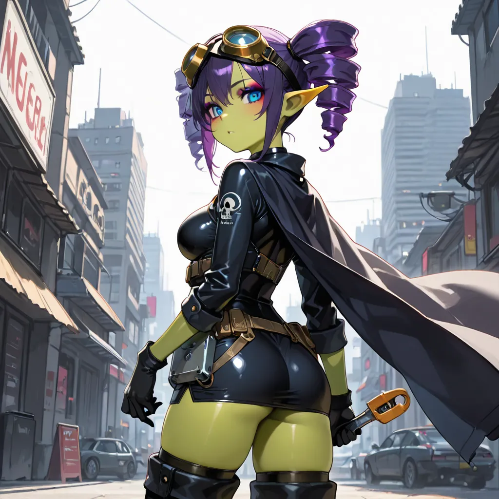 masterpiece,best quality, amazing quality, very aesthetic,newest, 1goblin girl, color skin ,green skin, green face, pointy ears, solo, purple hair , oppai loli, drill twintails , medium breasts, , looking at viewer, makeup, eyeshadow, cowboy shot, futurist...