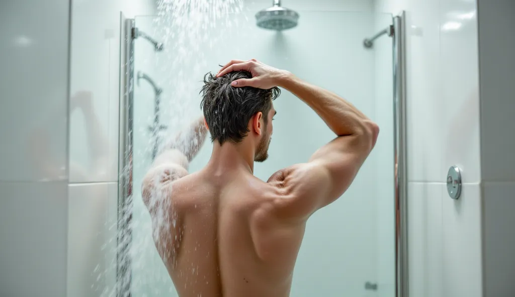 Photo of a man with a muscular build, wet brown hair, standing in a shower with his back to the camera, holding his hair with one hand and rinsing it with the other. The shower has a modern design with a large overhead showerhead. Water is spraying down on...