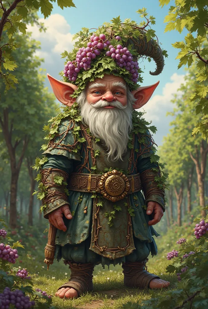 Create character image of d&d: a dwarf with pointed ears and with a hat made of grapes on his head with armor formed by vine shoots