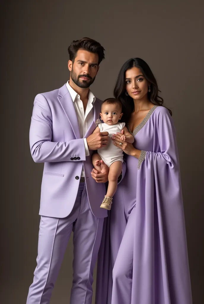 Hiperrealista Aquí tienes la descripción exacta de lo que quieres:

⸻

Escena: Una familia elegante y sofisticada, vestida en tonos lila y lavanda, posando en un ambiente iluminado y refinado. Se ven de pies a cabeza, con todos los detalles de sus atuendos...