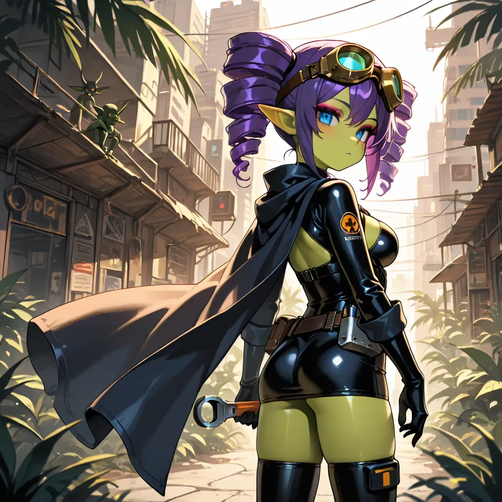 masterpiece,best quality, amazing quality, very aesthetic,newest, 1goblin girl, color skin ,green skin, green face, pointy ears, solo, purple hair , oppai loli, drill twintails , medium breasts, , looking at viewer, makeup, eyeshadow, cowboy shot, futurist...