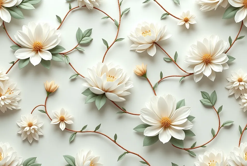 Seamless 3D White Floral Pattern With Branches and Leaves. Modern Home Decor, Textiles, Wrap, Wallpaper, Fabric, Greeting & Invitation Card, Wall Sticker