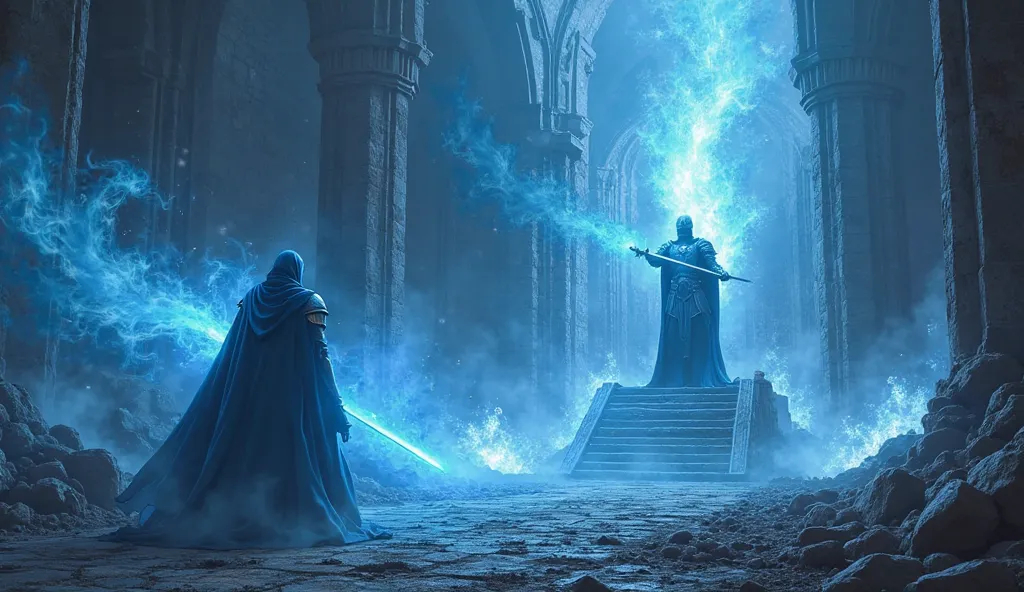 A blue spirit in cloak and hood covering its face attacking a knight in armor and sword inside the throne room inside the castle, the destroyed king's castle sitting on the throne in front of a bonfire sitting nearby, City the face in the middle of a medie...