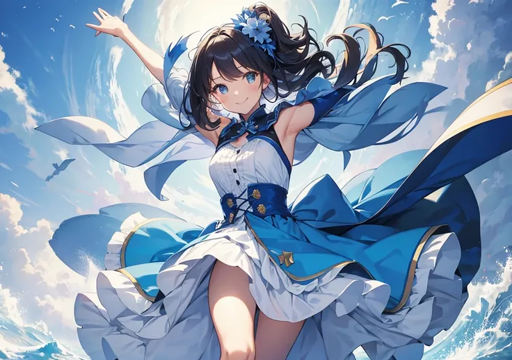 Smiling from the front – A girl in a blue and white dress spreads her arms wide and smiles, saying, "Freedom is the best!