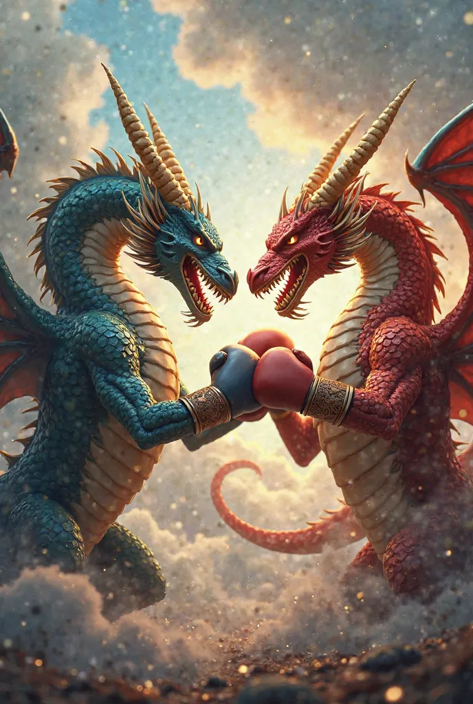 two dragon facing each other with boxing gloves ready to fight